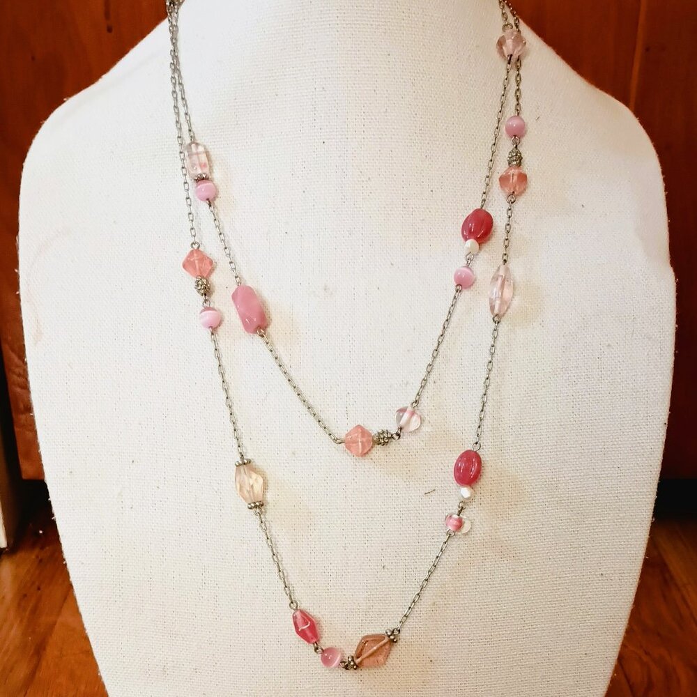Lia Sophia Station Necklace 26" Pink Infrarose Glass Beads Silver Tone
